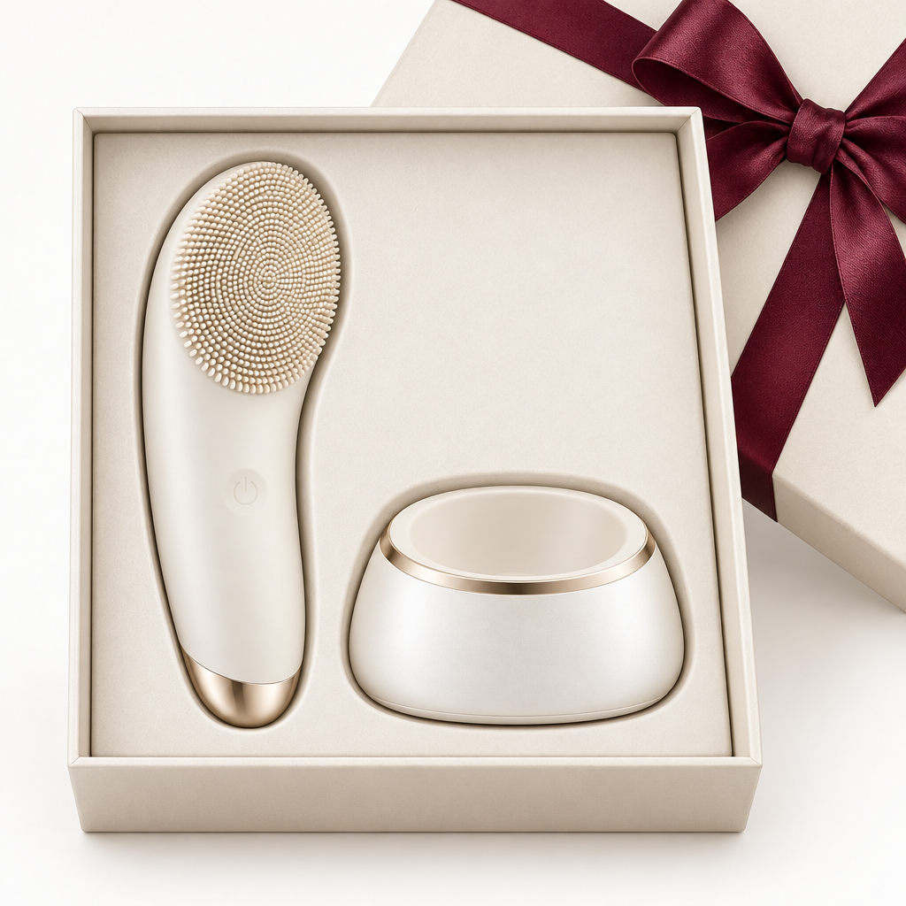 Gift packaging design concept with burgundy ribbon, not confirmed package contents