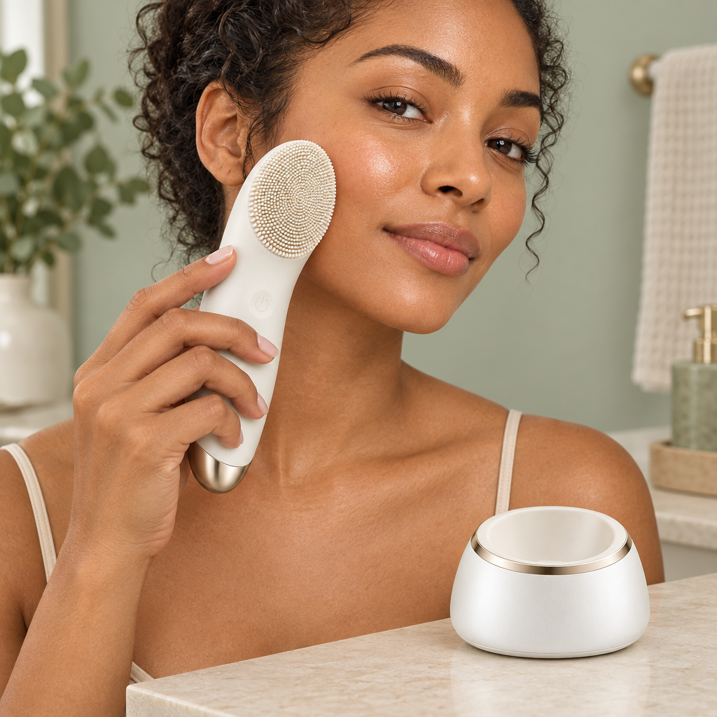 Woman holding oval facial brush against outer cheek with base on vanity