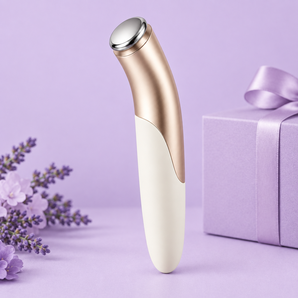 Detail of flowing champagne-gold upper section and ivory handle