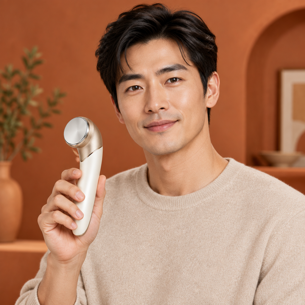 Man holding beauty wand in terracotta room