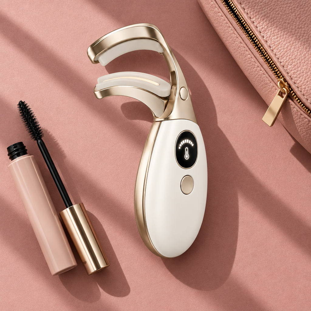 Eyelash curler and makeup pouch in dusty rose overhead flat lay
