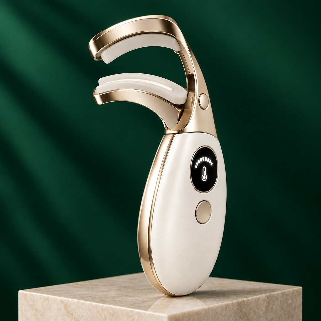 Eyelash curler on pale plinth with emerald green background