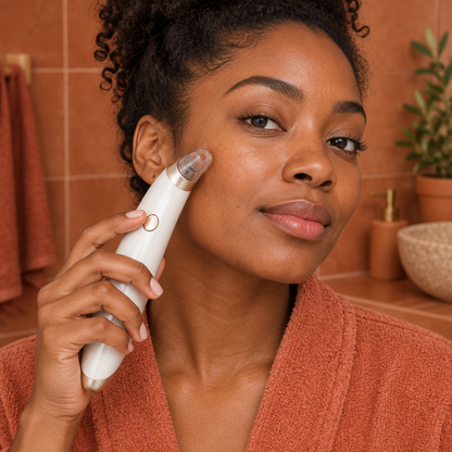 Woman holding facial care wand against outer cheek in terracotta setting