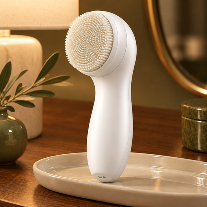 Facial cleansing brush on an evening dressing table
