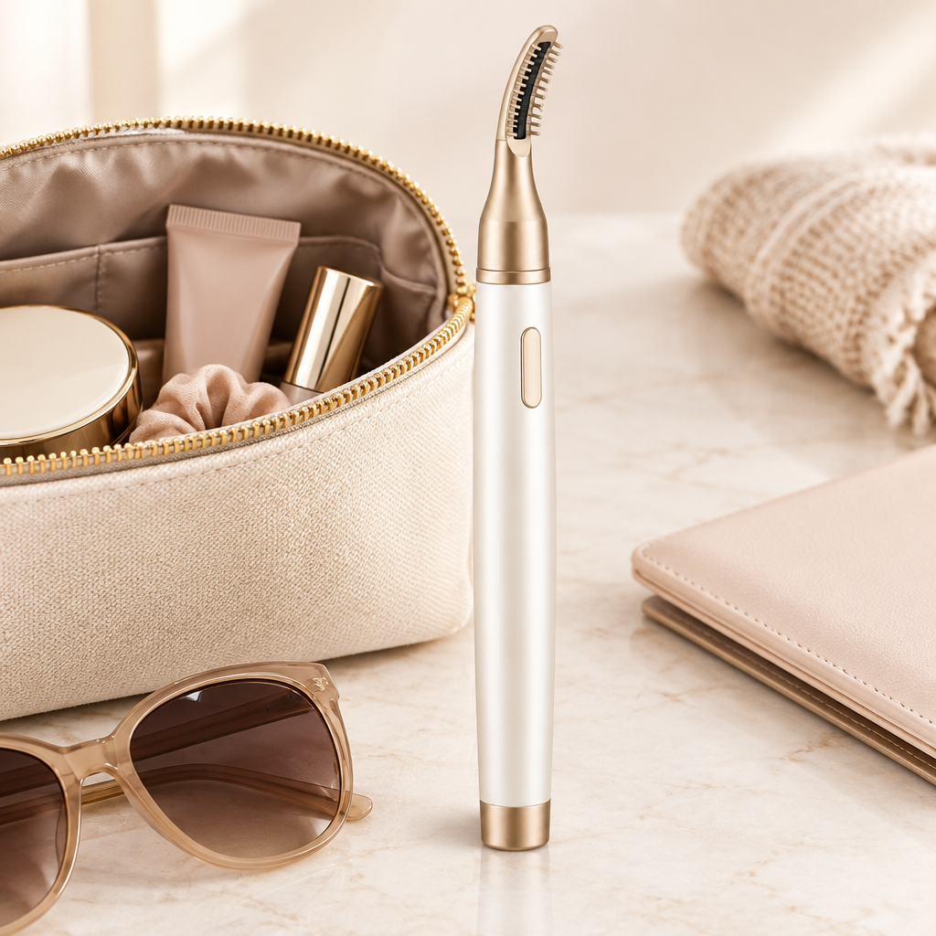 Lash styling wand beside makeup pouch