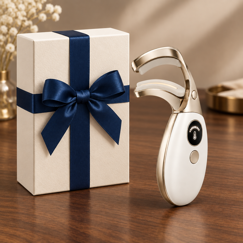 Gift packaging design concept with blue ribbon, not confirmed included packaging