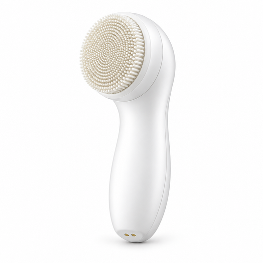 White facial cleansing brush on a white background
