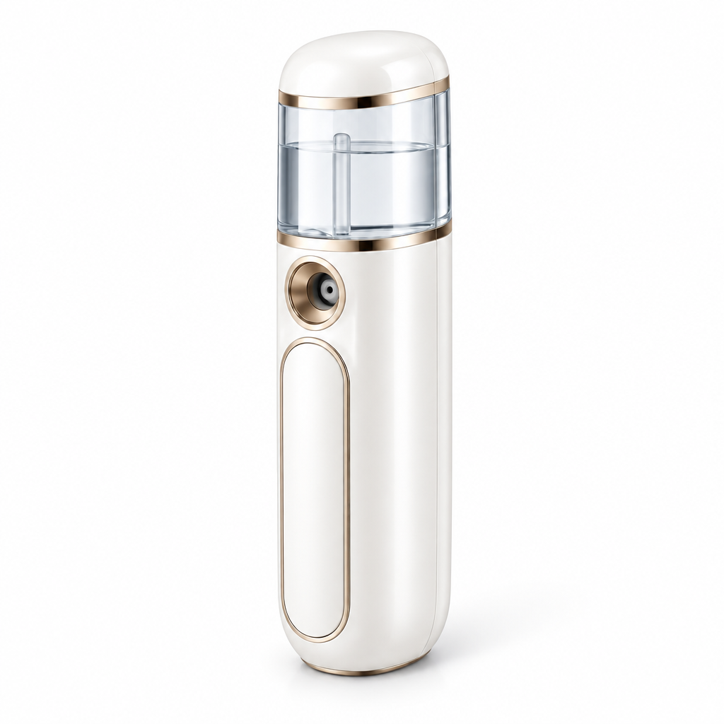 Pearl-white and gold handheld facial mister on white background