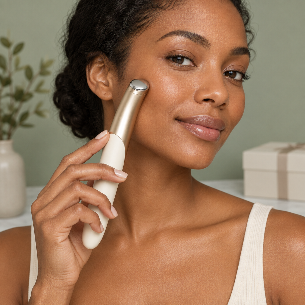 Woman holding rounded beauty wand head against outer cheek in sage setting