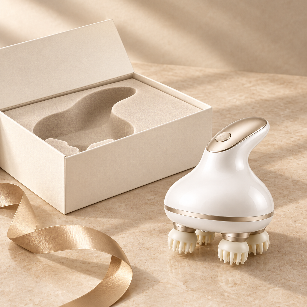 Scalp massager beside an ivory gift box, proposed packaging concept, not confirmed included packaging