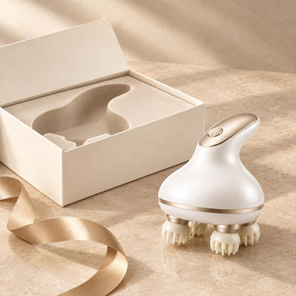 Scalp massager beside an ivory gift box, proposed packaging concept, not confirmed included packaging