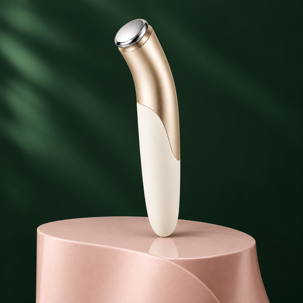 Beauty wand on blush plinth against forest green backdrop