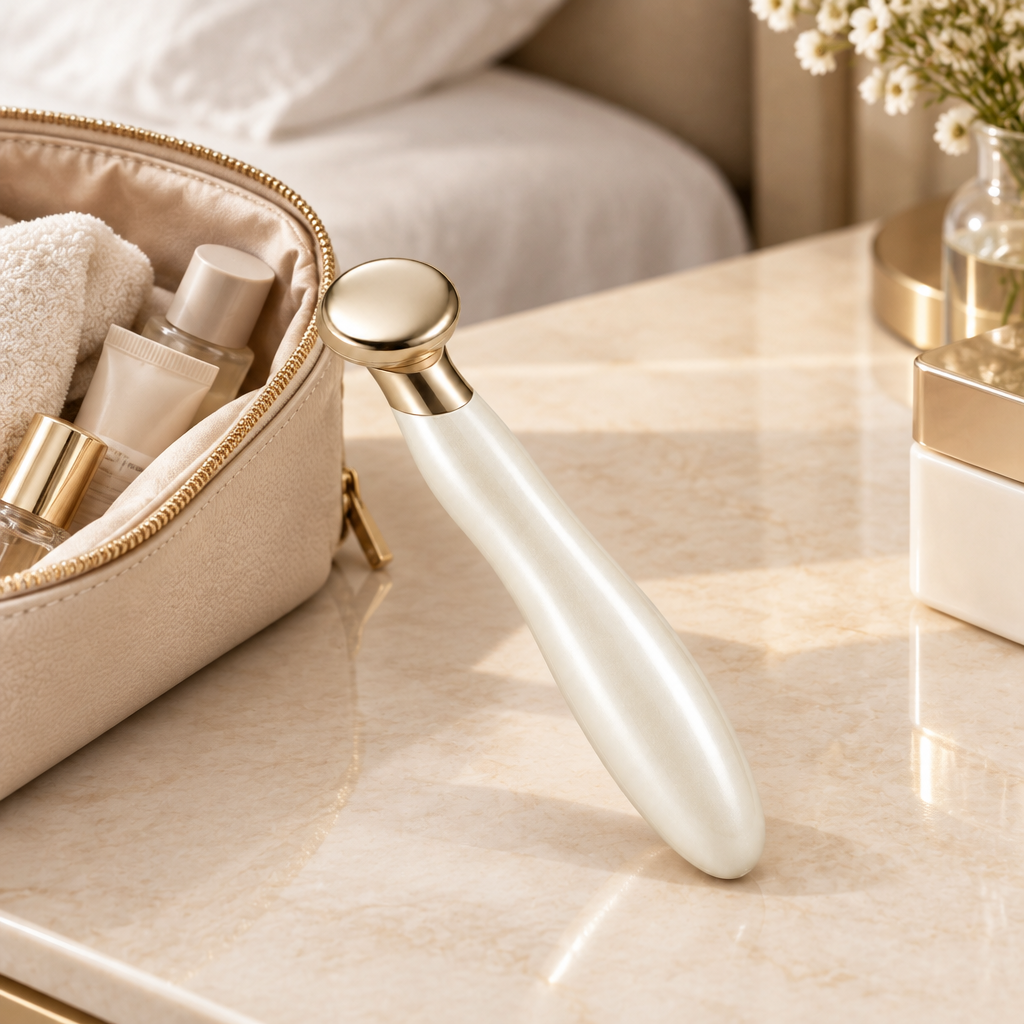 Beauty wand beside a neutral toiletry pouch