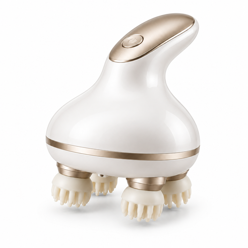 Pearl-white and champagne-gold scalp massager on a white background