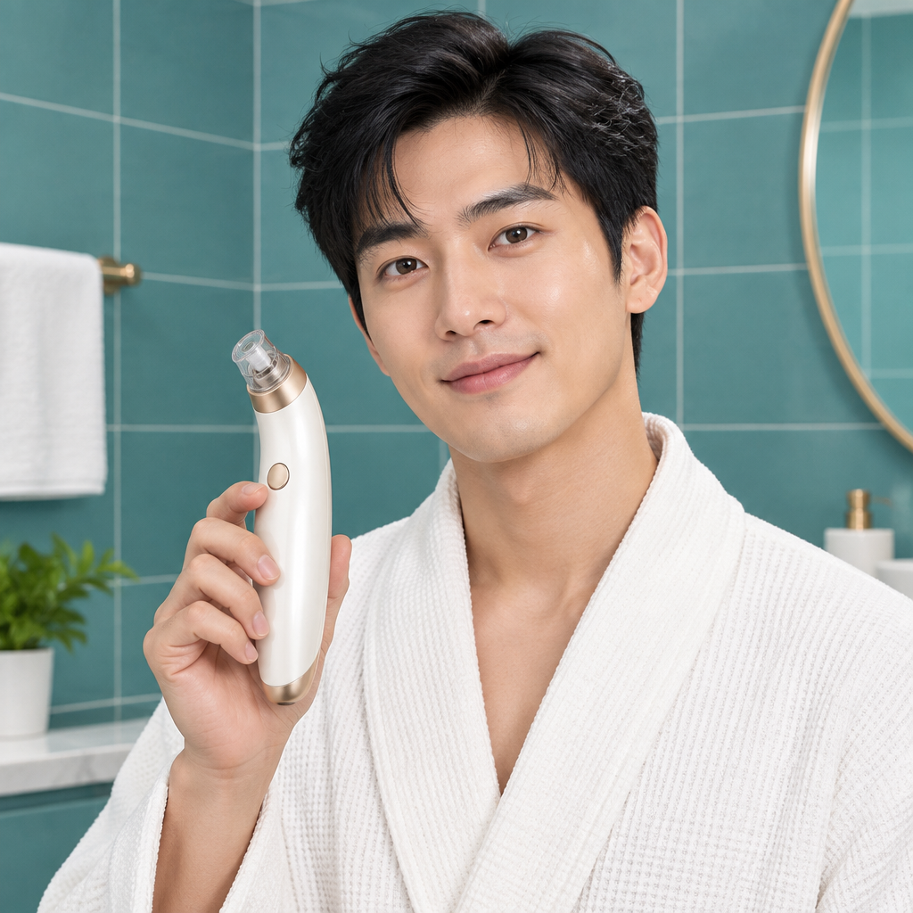Man holding facial care wand in teal bathroom