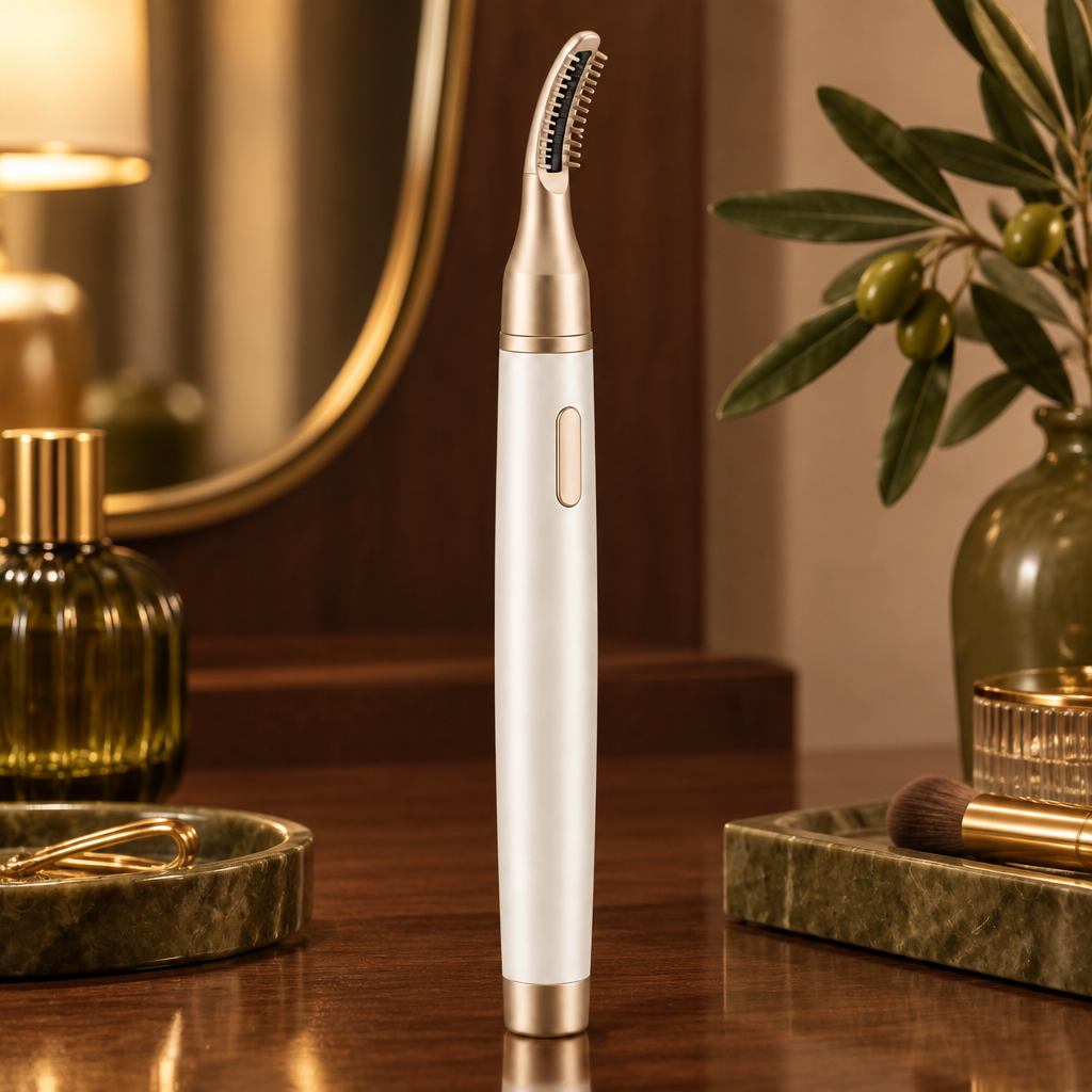 Lash styling wand on warm evening dressing table