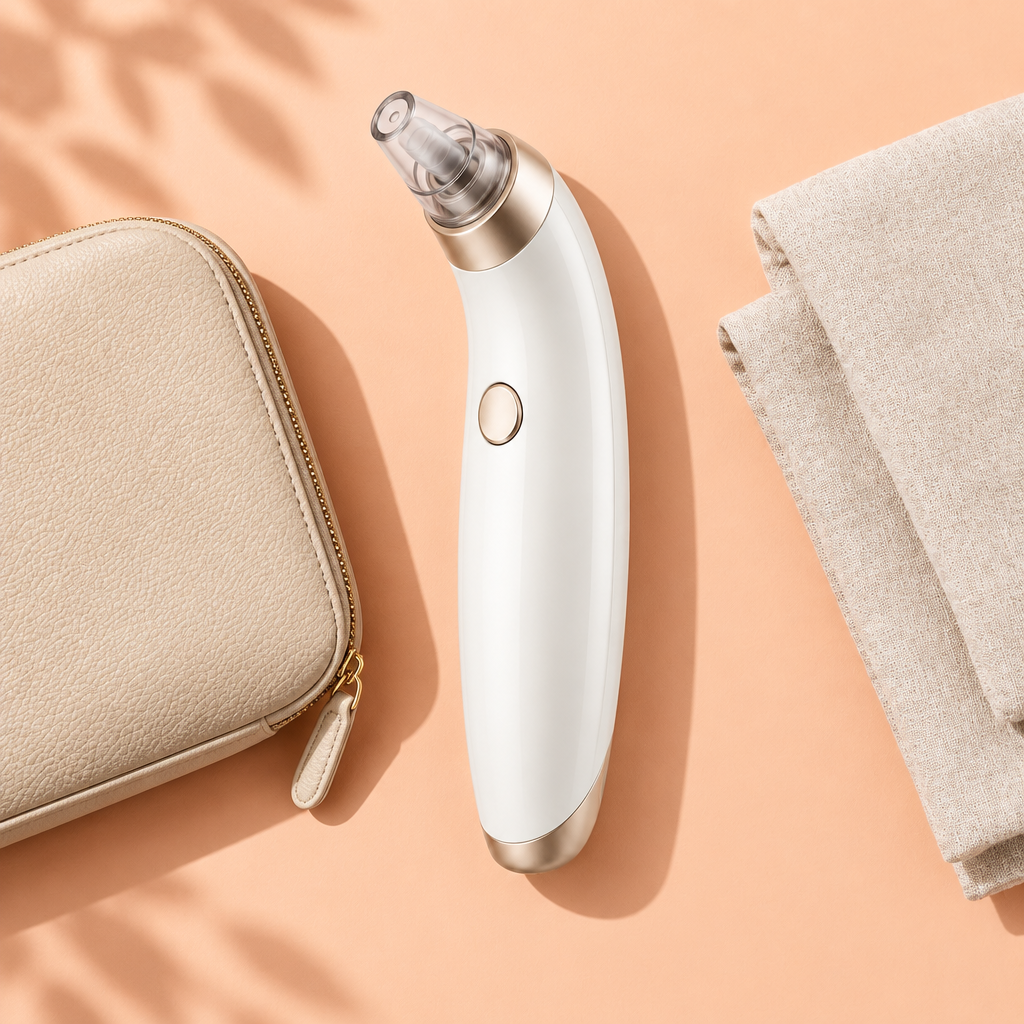 Overhead facial care wand and travel pouch on peach surface