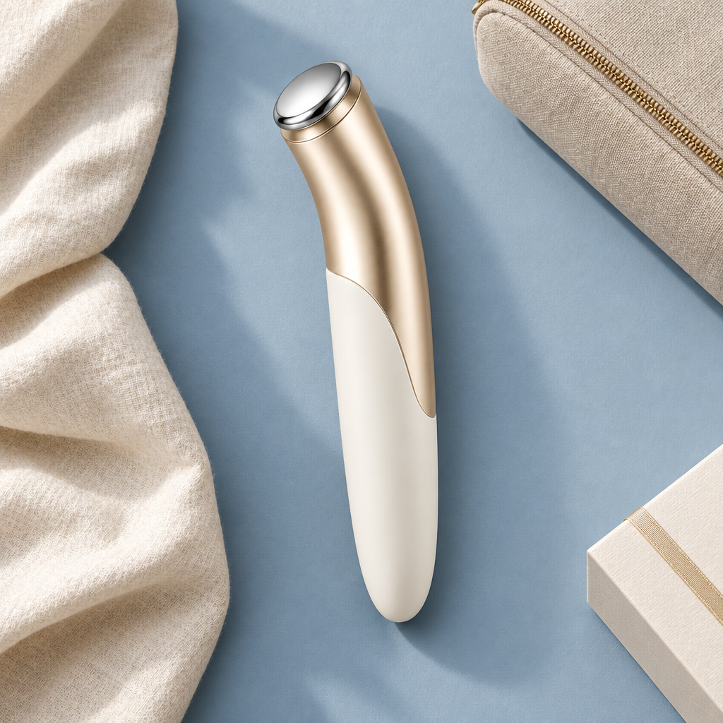 Beauty wand beside linen and pouch in dusty blue flat lay
