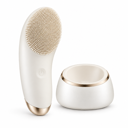Oval facial brush and coordinated base on white background