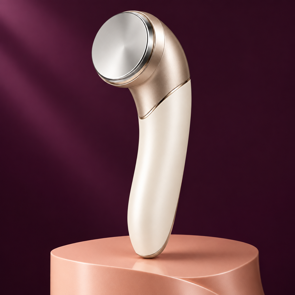 Beauty wand on peach plinth against plum backdrop