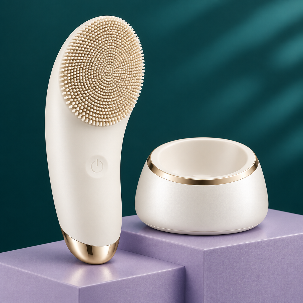 Brush and base on lavender plinths against deep teal backdrop