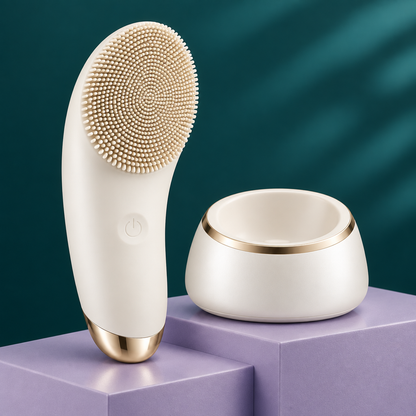 Brush and base on lavender plinths against deep teal backdrop