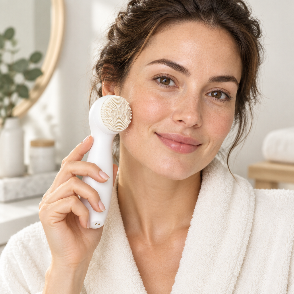 Woman holding facial cleansing brush near her cheek