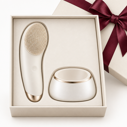 Gift packaging design concept with burgundy ribbon, not confirmed package contents