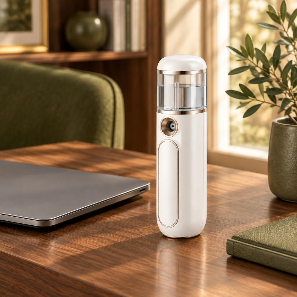 Facial mister on home office side table
