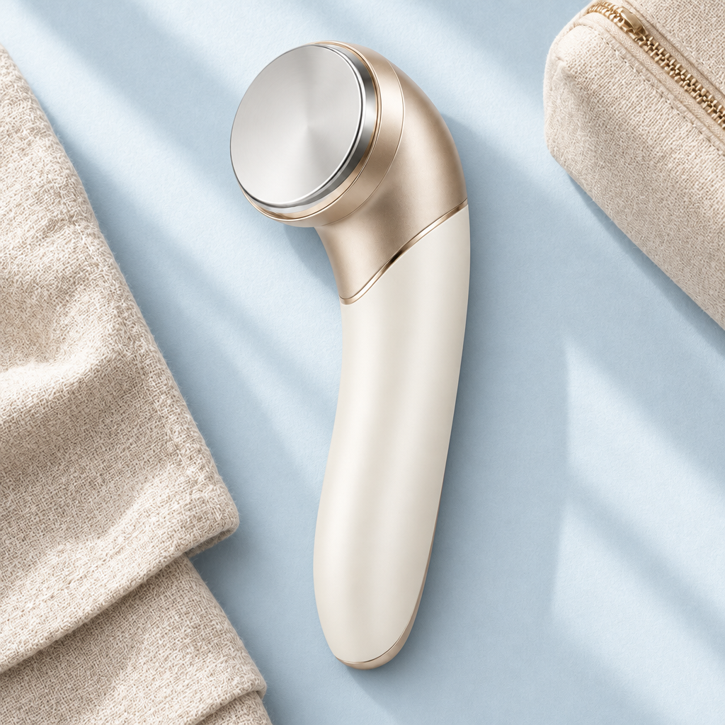 Beauty wand and travel pouch in pale blue overhead flat lay
