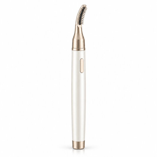 Pearl-white and champagne-gold lash styling wand on white background