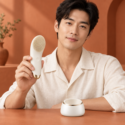 Man holding facial brush in terracotta setting