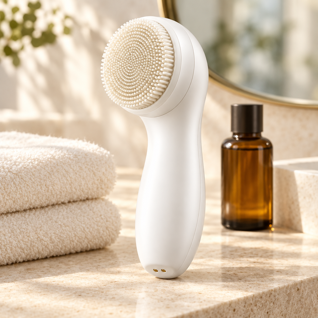 Facial cleansing brush on a morning vanity
