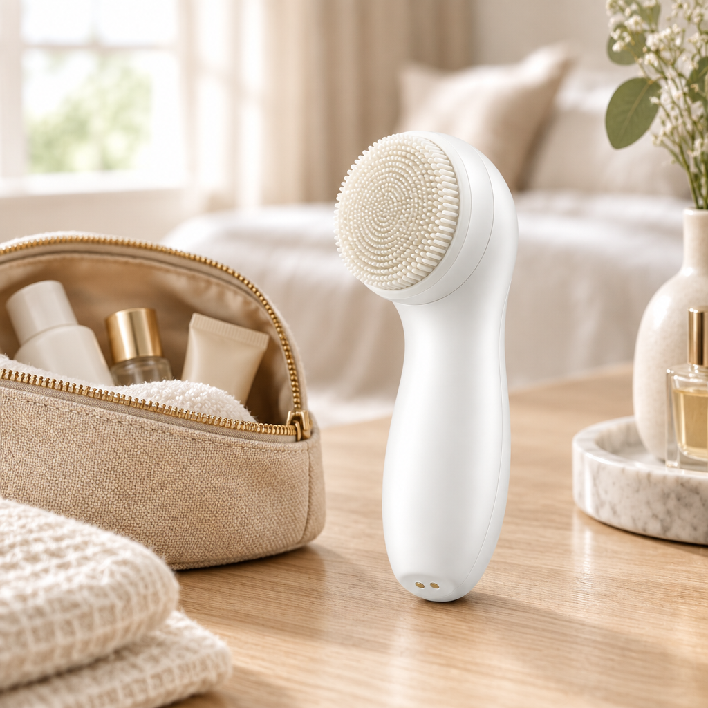 Facial cleansing brush beside a toiletry bag