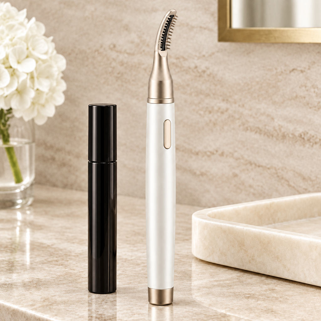 Lash styling wand on morning makeup vanity