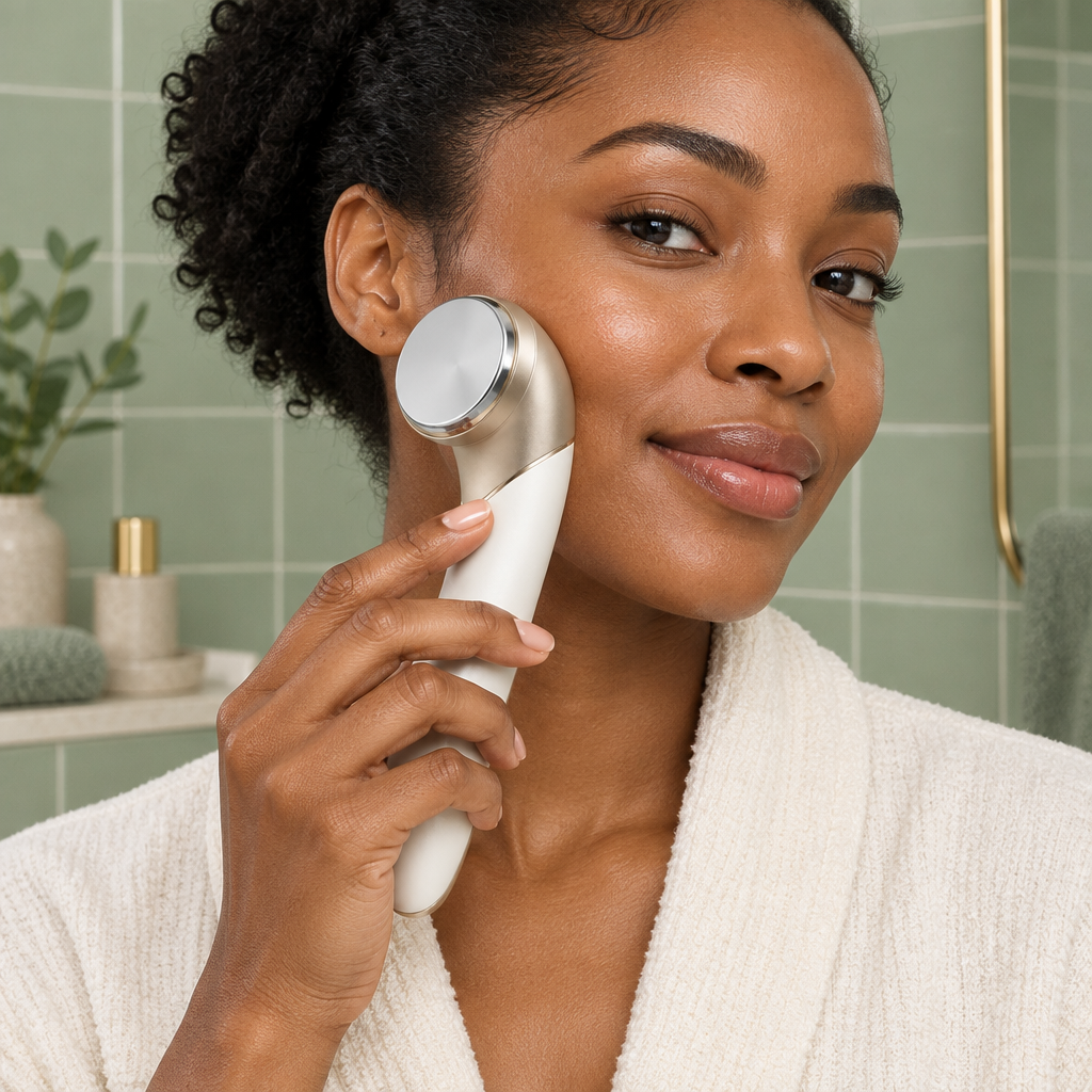 Woman holding circular beauty wand head against outer cheek in sage setting