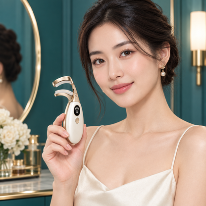 Woman holding eyelash curler in teal dressing room