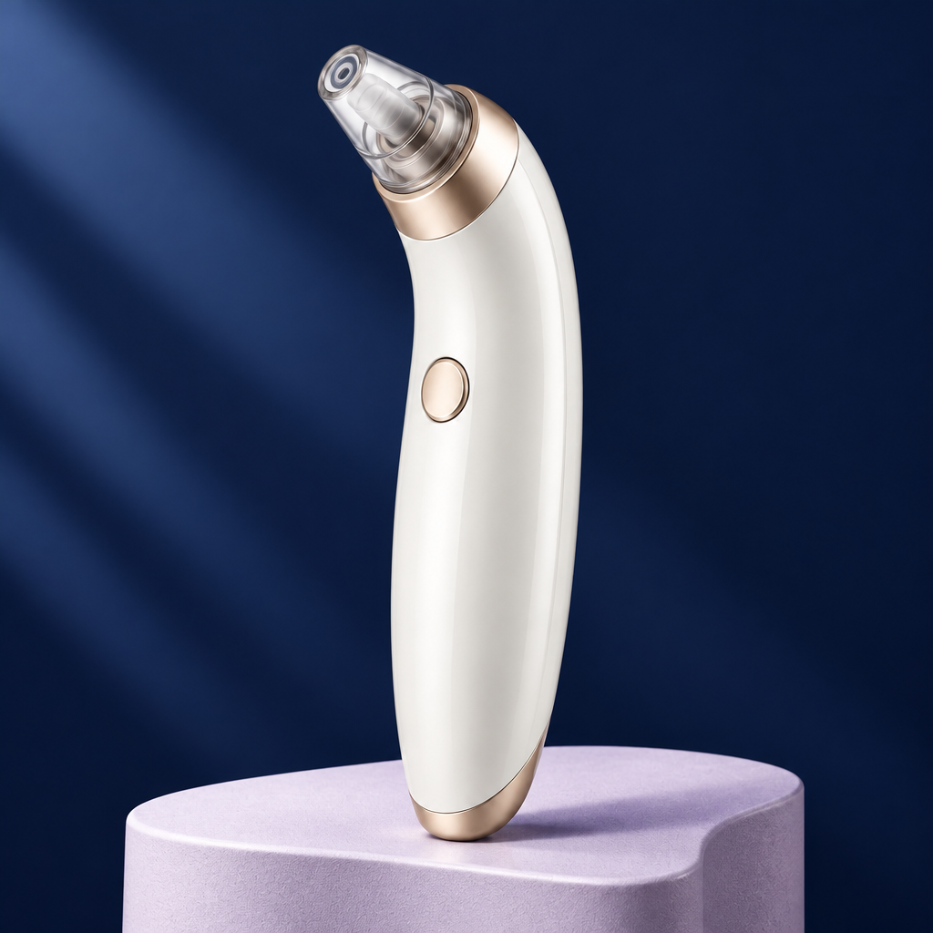 Facial care wand on lavender plinth with navy background